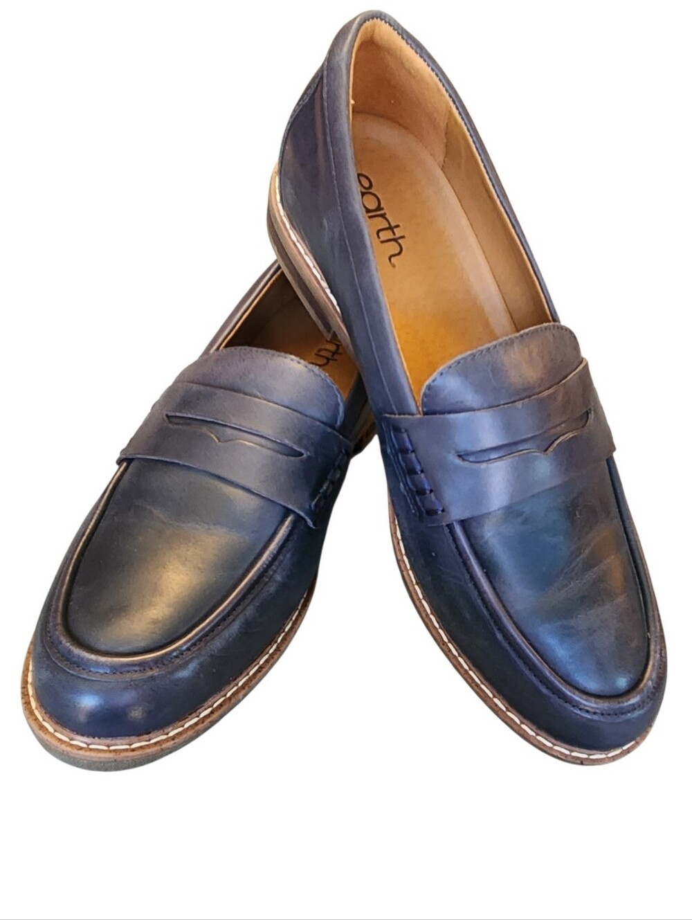 Women's Earth Javas Navy Blue Leather Classic Penny Loafers, Work Office, 10W